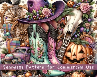 May include: A seamless pattern featuring a glittery purple cowboy hat adorned with roses, teal and pink floral cowboy boots, a carved jack-o'-lantern, a skull, a vintage truck, gift boxes, ornaments, and stars with the text Seamless Pattern for Commercial Use.