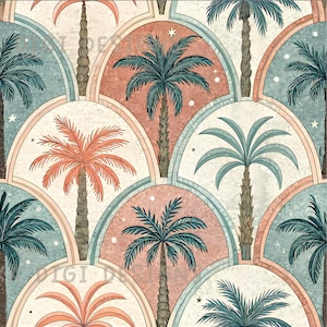 May include: Seamless pattern featuring stylized palm trees in teal, coral, and beige. The design includes the text "SEAMLESS PATTERN" at the top and "COMMERCIAL USE INCLUDED" at the bottom. The palm trees are arranged in a repeating, circular pattern.