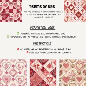 a collection of images with various patterns and designs, including hearts and bows. The text provides information about the permitted uses and restrictions for these images.