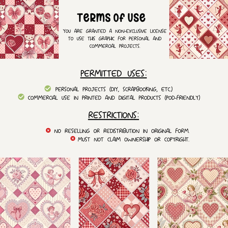 a collection of images with various patterns and designs, including hearts and bows. The text provides information about the permitted uses and restrictions for these images.