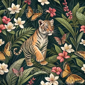 Diseño de tela con estampado floral sin costuras de tigre bebé, diseño digital para sublimación de papel para scrapbooking, descarga digital PNG tropical