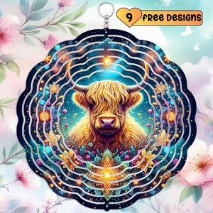 Highland Cow Wind Spinner Highland Cow Windspin, Glitter Outdoor Decor, Holographic Garden Windspinner Gift, Sublimation Highland Cow PNG