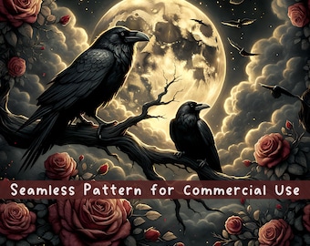 Motivo senza cuciture Dark Gothic Raven Crow Design per sublimazione di Halloween Estetica Dark Cottagecore Halloween da strega File digitale ripetuto