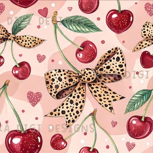 May include: Seamless pattern featuring cherries, leopard print bows, and hearts on a pink background. The design includes red cherries with green stems and leaves, leopard print bows, and small pink hearts. The text "SEAMLESS PATTERN" and "COMMERCIAL USE INCLUDED" are also present.