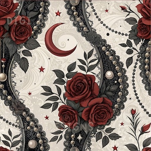 Puede incluir: Patrón sin costuras con rosas rojo oscuro, encaje negro, perlas y una luna creciente sobre un fondo crema. El diseño incluye el texto "SEAMLESS PATTERN" y "COMMERCIAL USE INCLUDED".