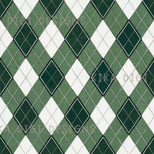May include: Seamless pattern design featuring a green, white, and dark green argyle pattern. The design includes the text "SEAMLESS PATTERN" at the top and "COMMERCIAL USE INCLUDED" at the bottom.