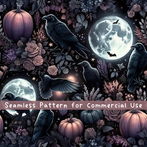 Moon Raven Pumpkin Seamless Pattern Halloween Sublimation Design Dark Cottagecore Aesthetics Witchy Halloween Moon Repeating Digital File