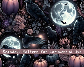 Motivo senza cuciture Luna Corvo Zucca Halloween Design a sublimazione Estetica Dark Cottagecore Stregonesca Halloween Luna Ripetuta File Digitale