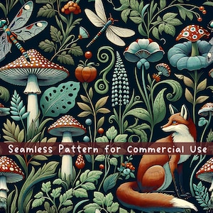 May include: A seamless pattern featuring a red fox, various mushrooms with spotted caps, dragonflies, and botanical foliage on a dark background. The text Seamless Pattern for Commercial Use is overlaid across the center of the image.