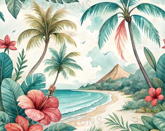 Tropical Beach Island Seamless Pattern Repeat Fabric Pattern Digital Paper Sublimation Design for Scrapbooking Digital Download PNG Summer