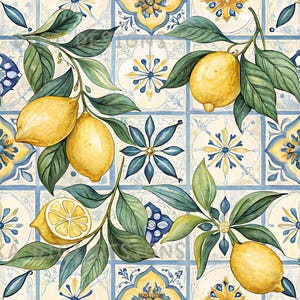 May include: A watercolour seamless pattern showcasing lemons, green leaves, and branches. The design incorporates a tile background with blue and yellow floral patterns. The text "SEAMLESS PATTERN" and "COMMERCIAL USE INCLUDED" are displayed.