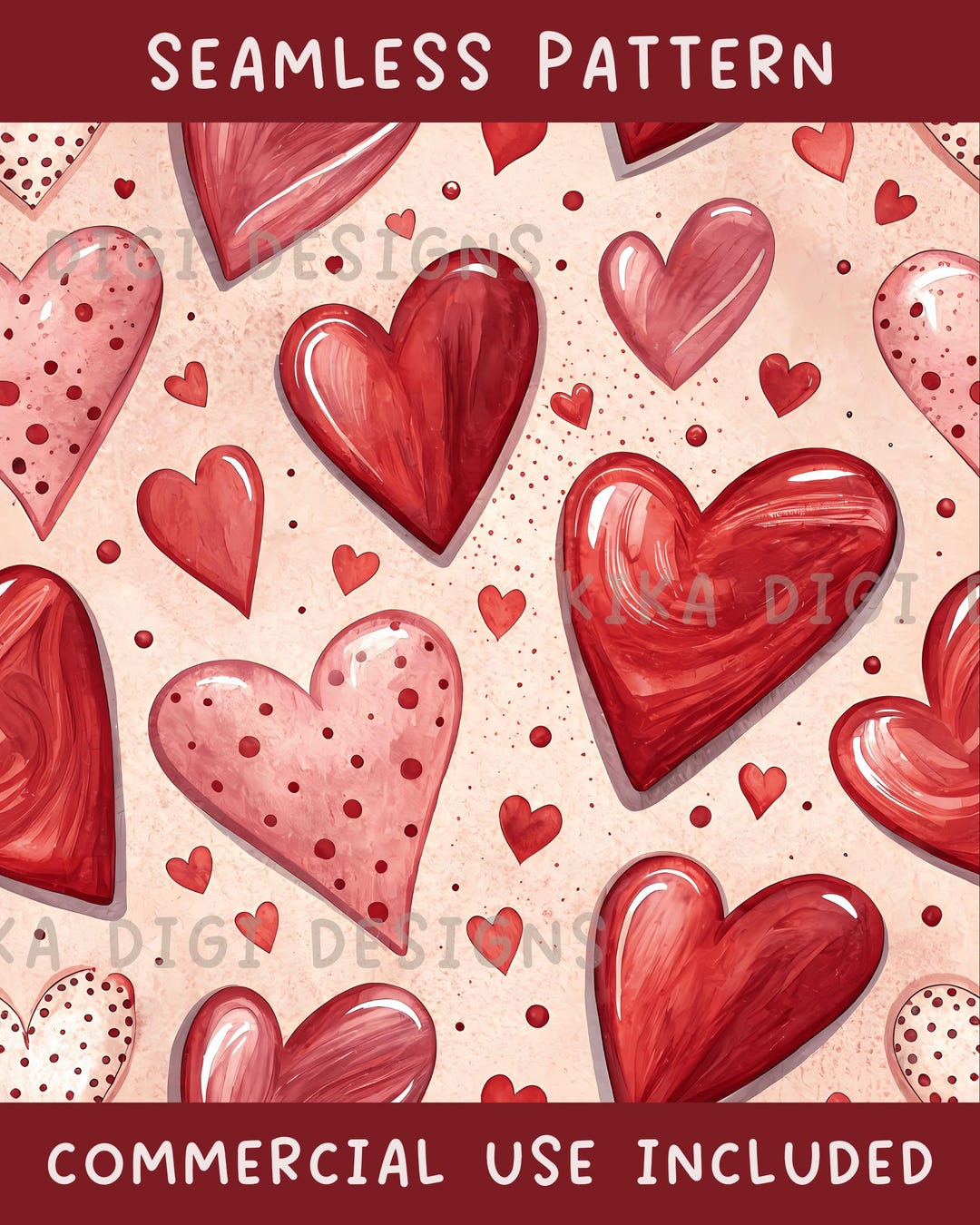 Watercolor Valentines Hearts Seamless Pattern Repeat Fabric Pattern ...