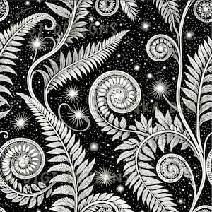 May include: Seamless pattern with white fern-like designs and starbursts on a black background. The image includes the text "SEAMLESS PATTERN" and "COMMERCIAL USE INCLUDED". The design features swirling, stylized plant elements.
