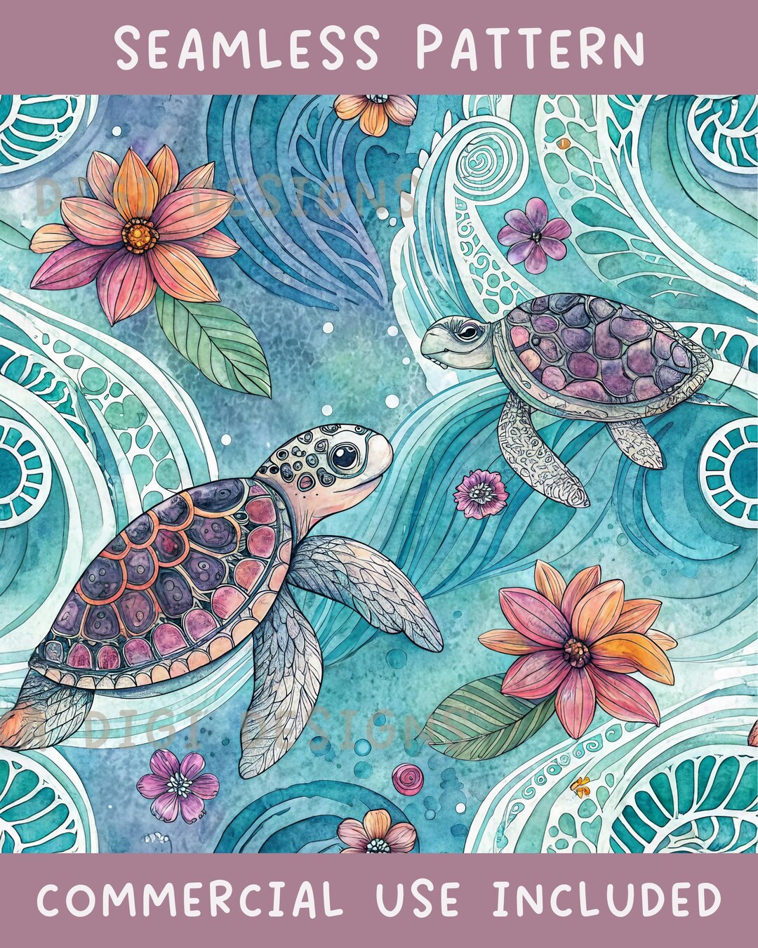 Floral Sea Turtle Seamless Pattern Repeat Fabric Pattern Digital Paper ...