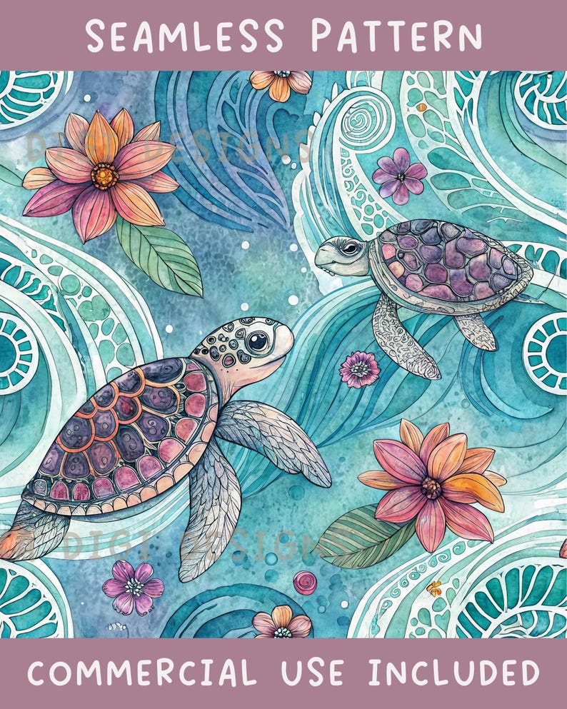 Floral Sea Turtle Seamless Pattern Repeat Fabric Pattern Digital Paper ...