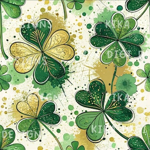 May include: A seamless pattern featuring green and gold shamrocks on a cream background with paint splatters. The text SEAMLESS PATTERN is at the top and COMMERCIAL USE INCLUDED is at the bottom. The shamrocks have detailed line work and textures.