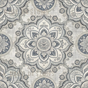 Könnte beinhalten: Nahtloses Musterdesign mit einem sich wiederholenden floralen Mandala in Grau- und Blautönen. Das Design weist detaillierte Elemente und ein Vintage-Aussehen auf. Der Text "SEAMLESS PATTERN" und "COMMERCIAL USE INCLUDED" ist sichtbar.