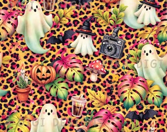 Leopard Halloween Ghosts Seamless Pattern Repeat Fabric Pattern Digital Paper Sublimation Design for Scrapbooking Digital Download PNG