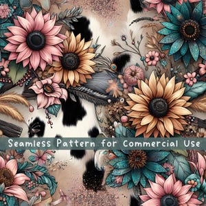 Modèle sans couture de tournesols en fourrure de vache, motif sans couture de fleurs, tissu PNG, motif répété, licence commerciale, conception de tissu imprimé vache bohème