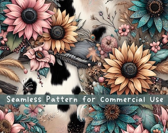 牛の毛皮のひまわりのシームレスなパターン花のシームレスなパターン生地PNG繰り返しパターン商用ライセンスBoho牛プリント生地デザイン