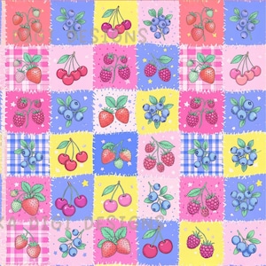 May include: A vibrant seamless pattern design showcasing strawberries, cherries, raspberries, and blueberries. The fruit illustrations are set on a patchwork of pink, blue, and yellow squares. The text "SEAMLESS PATTERN" and "COMMERCIAL USE INCLUDED" are visible.