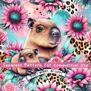 Lindo patrón floral sin costuras de capibara. No te preocupes, sé capibara. Patrón repetitivo para papel digital de sublimación de tela. Diseño divertido de capibara PNG.