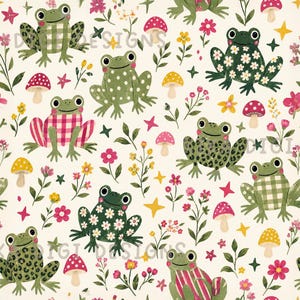 Diseño digital de sublimación para papel scrapbooking con estampado de ranas y setas sin costuras. Descarga digital PNG.