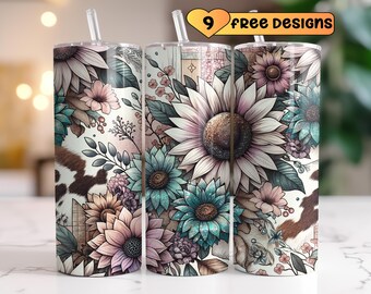 Cow Print Sunflowers Tumbler Wrap 20oz Tumbler Sublimation Design Boho Tumbler Wrap Seamless 20 oz Skinny Tumbler Digital Download png
