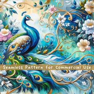 Peacock Seamless pattern Oil Painting Seamless Pattern Fabric Repeat Pattern Commercial License Fabric Design Peacock PNG Teal Bird Lover