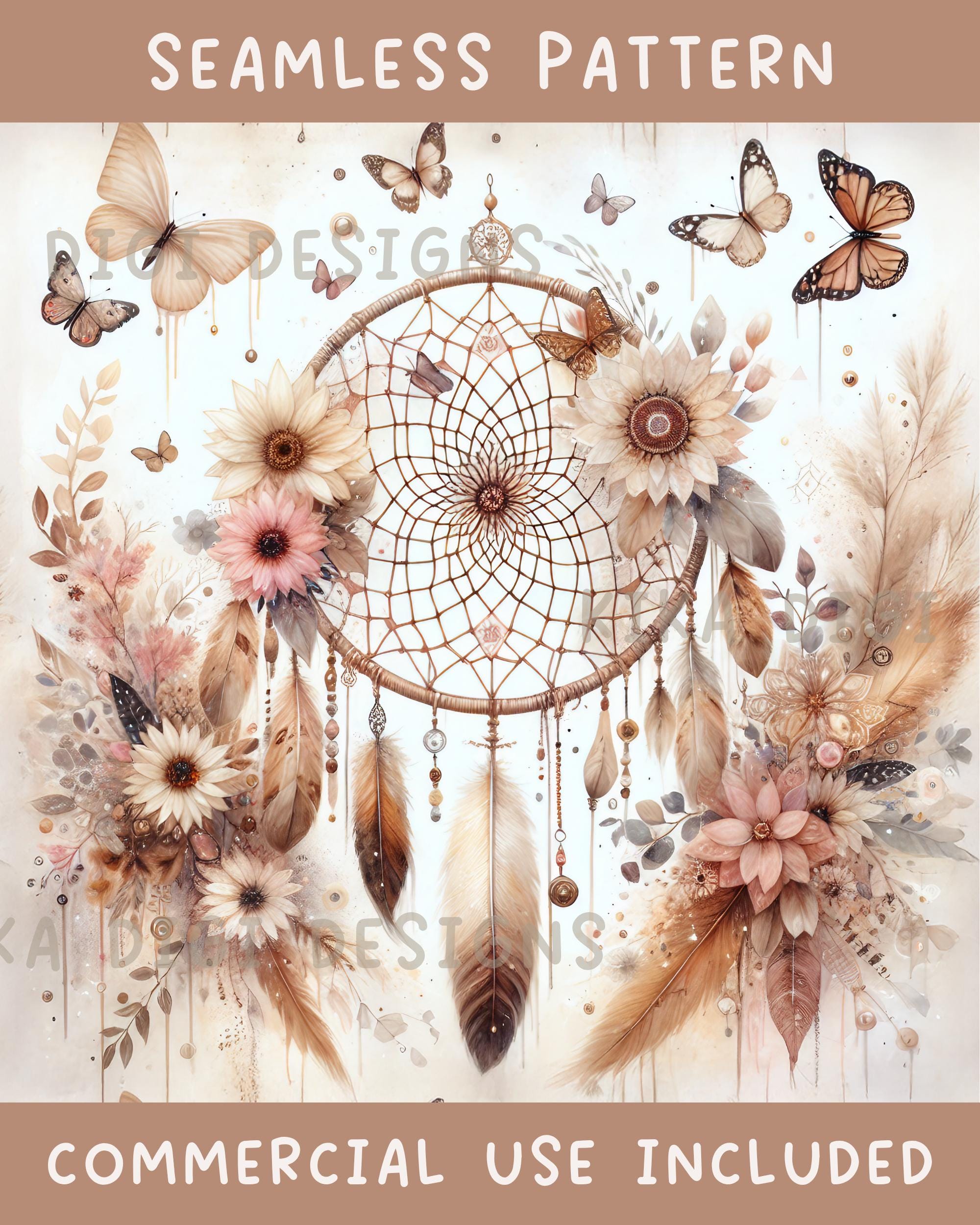Boho Rustic Dreamcatcher Seamless Pattern Repeat Fabric Pattern Digital ...