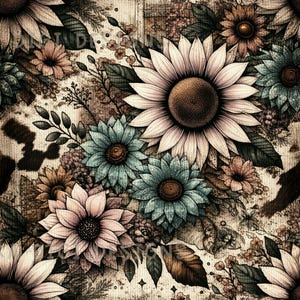 Cow Fur Sunflowers Seamless pattern Flower Seamless Pattern Fabric PNG Repeat Pattern Commercial License Boho Cow Print Fabric Designs