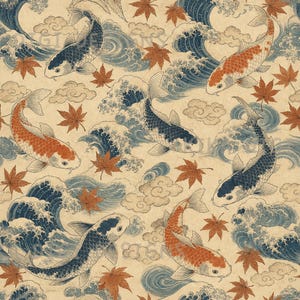 Diseño de tela oriental con estampado sin costuras de peces koi para sublimación digital en papel scrapbooking (descarga digital PNG).