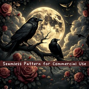 Dark Gothic Raven Crow Seamless Pattern Halloween Sublimation Design Dark Cottagecore Aesthetics Witchy Halloween Repeating Digital File
