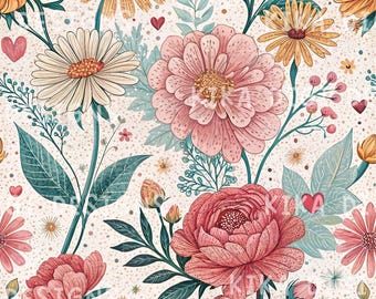 Padrão floral sem costura, estampa de tecido estilo cottagecore, arquivo PNG com licença comercial para papel de parede, pintura floral, design para sublimação, download digital.