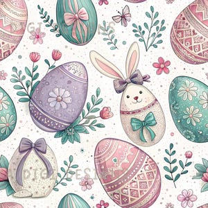 May include: Seamless pattern featuring Easter eggs in pastel colors, adorned with bows, floral designs, and a bunny with long ears. The design includes the text "SEAMLESS PATTERN" and "COMMERCIAL USE INCLUDED".