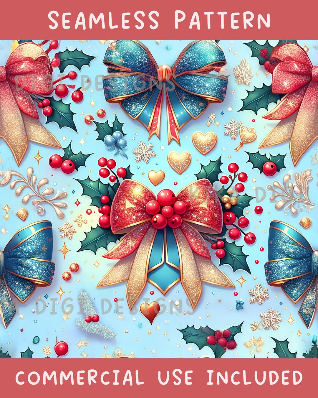 Holly Repeat Pattern Coquette and Holly Leaves Seamless Pattern Repeat Fabric Pattern ...
