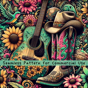 Patrón sin costuras de botas vaqueras estilo boho western, fiesta vaquera, noche de fiesta country western PNG, botas vaqueras, sombrero, diseño de sublimación western
