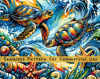 Sea Turtle Seamless pattern Tortoise Seamless Pattern Fabric PNG Repeat Pattern Commercial License Fabric Design Turtles Ocean Creatures PNG