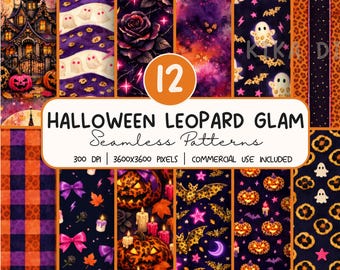 Halloween Leopard Glam Seamless Pattern Bundle,  Spooky Digital Paper PNG,  Sublimation Design, Repeat Pattern Digital Download
