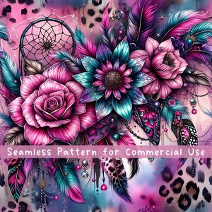 Pink Teal Leopard Flower Seamless pattern Dreamcatcher Pattern Fabric PNG Repeat Pattern Commercial License Neon Vibrant Leopard Design File