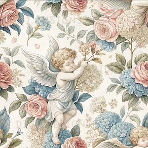 Puede incluir: Patrón sin costuras con un querubín entre rosas, hortensias y follaje en colores pastel suaves. El diseño incluye el texto "SEAMLESS PATTERN" y "COMMERCIAL USE INCLUDED". La estética general es romántica y vintage.