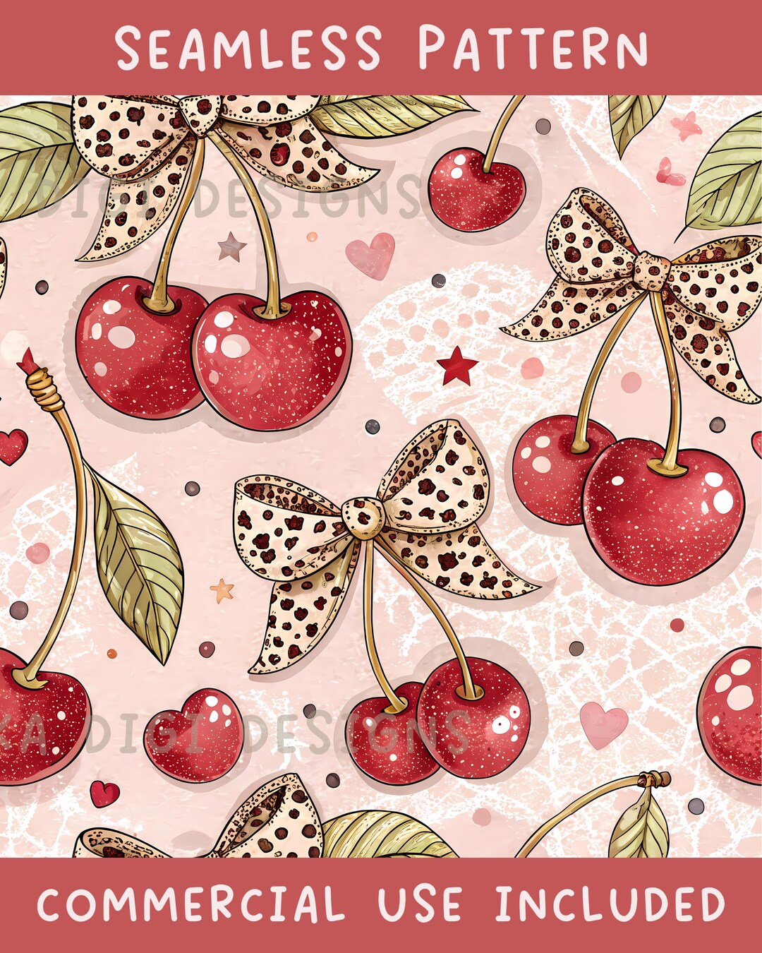 Cherry Bow Ribbon Seamless Pattern Repeat Fabric Pattern Digital Paper ...