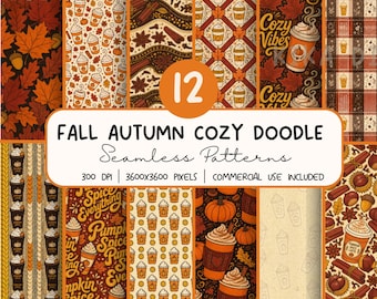 Fall Autumn Cozy Doodle Seamless Pattern Bundle, Pumpkin Spice Digital Paper PNG,  Sublimation Design, Repeat Pattern Digital Download