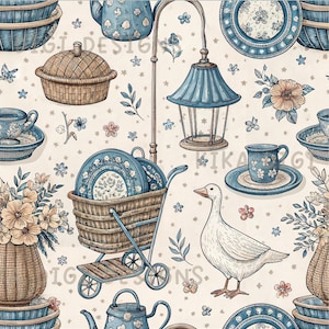 May include: Seamless pattern featuring a whimsical design with blue and tan elements. The illustration includes plates, teacups, baskets, a goose, and a decorative lamp. The words "SEAMLESS PATTERN" and "COMMERCIAL USE INCLUDED" are visible.