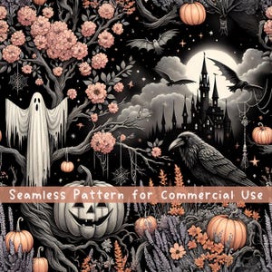Creepy Ghost Pumpkin Raven Halloween Seamless Pattern Halloween Sublimation Design Halloween Png spooky season Gothic Bats Haunted Castle