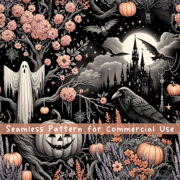 Gruselige Geist Kürbis Rabe Halloween Musterdesign Halloween Sublimation Design Halloween Png gruselige Saison Gothic Fledermäuse Haunted Castle