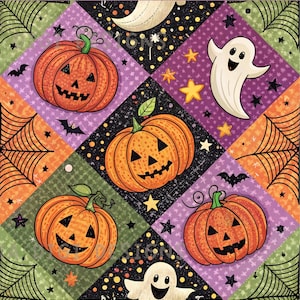 Puede incluir: Un patrón de Halloween sin costuras con calabazas naranjas, fantasmas blancos, murciélagos, estrellas y telarañas. El diseño está sobre un mosaico de fondos morados, verdes, negros y naranjas. El texto "SEAMLESS PATTERN" y "COMMERCIAL USE INCLUDED" está arriba y abajo.