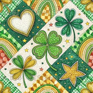 May include: A seamless pattern design featuring a repeating motif of St. Patrick's Day elements. The design includes green shamrocks, gold stars, and a heart shape, all set against a background of green and gold geometric patterns. The text "SEAMLESS PATTERN" and "COMMERCIAL USE INCLUDED" are displayed.