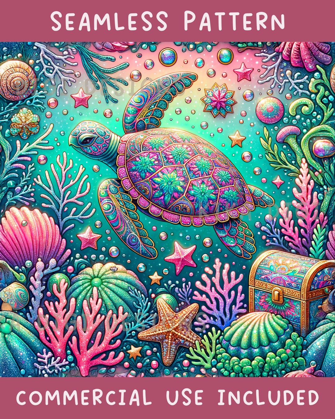 Vibrant Pink Sea Turtle Seamless Pattern Repeat Fabric Pattern Digital ...