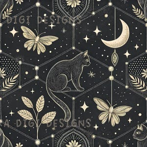 Puede incluir: Patrón sin costuras con un gato negro, mariposas, una luna creciente y estrellas sobre un fondo oscuro. El diseño incluye formas geométricas y elementos botánicos en crema. El texto dice "SEAMLESS PATTERN" y "COMMERCIAL USE INCLUDED".